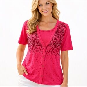 Quacker Factory Women’s L Pink Sequin Button Front Top Cardigan Valentine’s Day